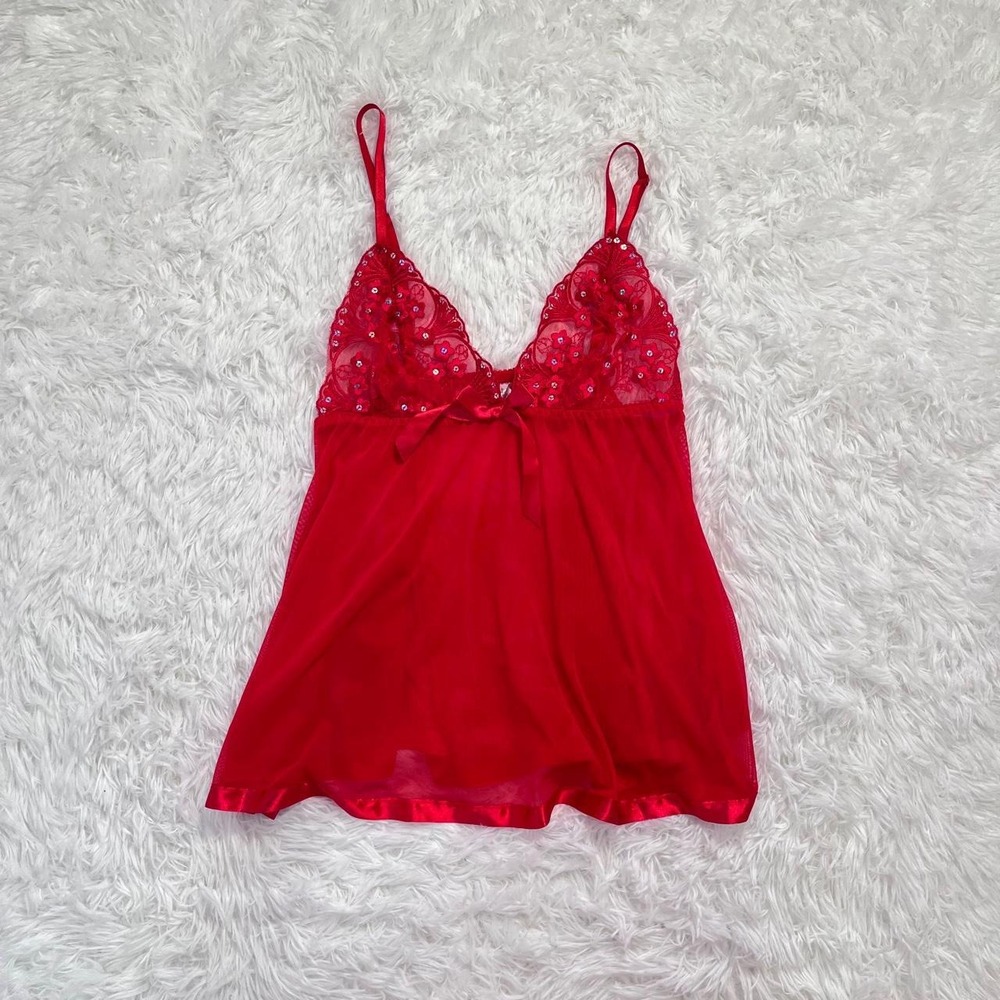 y2k red sequin semi sheer babydoll slip top medium